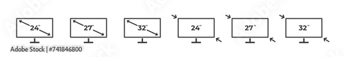 Computer diagonal screen size. 24 27 32 inches screen size. Vector illustration.