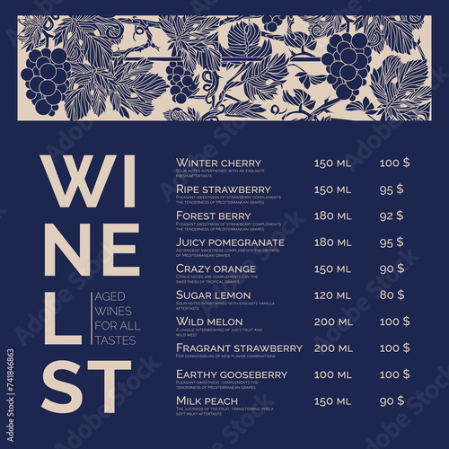Types of wine grapes. Drink passport. Wine list.  Bar menu. Vineyard pattern. Linogravure. Social media post. Alcohol menu in blue colors. 
