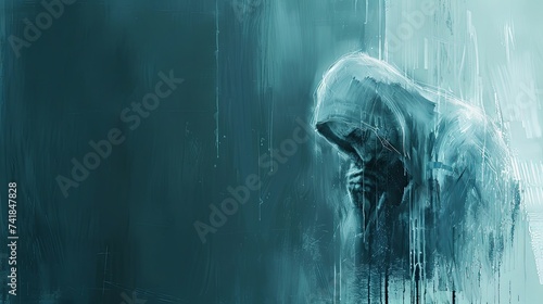 A man who has lost hope walks in the rain and cries with grief. Condolence card. Empty place for a text. Illustration for cover, card, postcard, brochure, advertising or presentation.