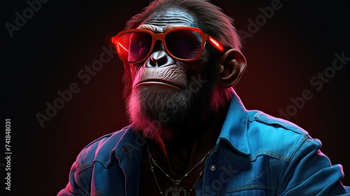 Chimpanzee in sunglasses close-up. Portrait of a chimpanzee. Anthopomorphic creature. Fictional character for advertising and marketing. Humorous character for graphic design. photo