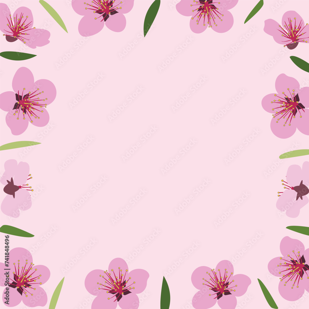 Seamless pattern of blooming pink flowers and green leaves. Vector illustration