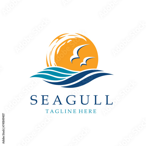 icon of sea waves with seagulls isolated on white background