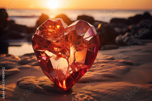 The essence of romance. An amber heart-shaped gem nestled on sandy shores  illuminated by the warm hues of a breathtaking sunset. A perfect blend of nature s beauty and love s timeless charm