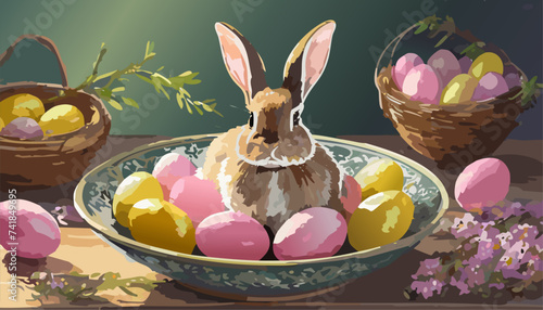 Easter bunny and easter eggs background. Ai generated