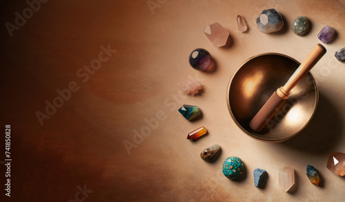 Tibetan singing bowl surrounded by an assortment of  gems and semiprecious stones. Concept of alternative medicine and sound healing.