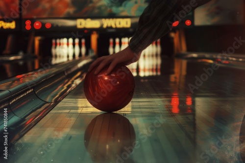 Hand holding bowling ball on bowling alley lane, with bowling pins in background