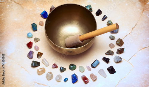 Tibetan singing bowl surrounded by an assortment of  gems and semiprecious stones. Concept of alternative medicine and sound healing.