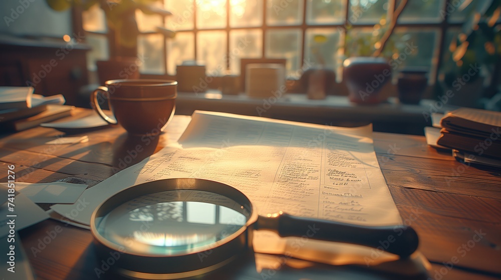 A high-angle view of a magnifier lens resting on a desk next to an open document folder, with soft natural light streaming in from a nearby window, creating a serene atmosphere conducive to focused - obrazy, fototapety, plakaty 