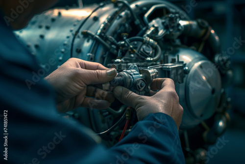 A skilled technician, dressed in protective clothing, carefully tinkers with the intricate inner workings of a complex machine in a dimly lit indoor workshop