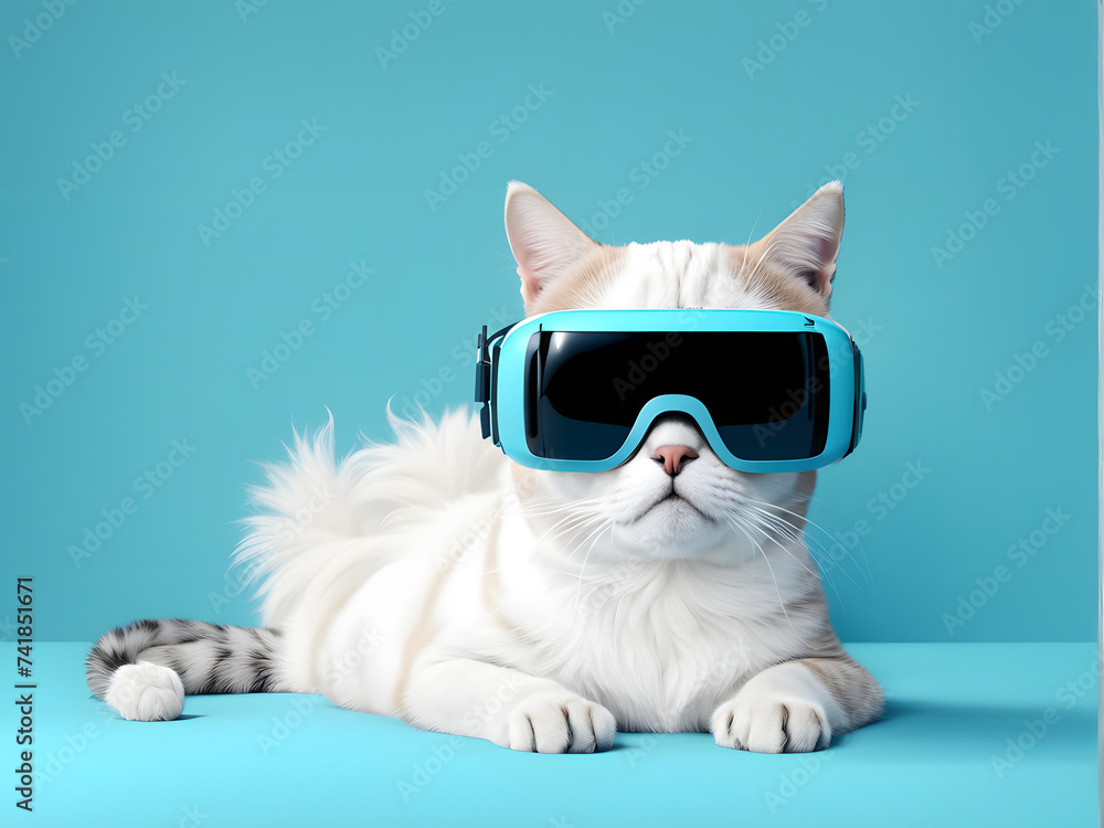 Modern Tech for Cats. 3D Cat with VR Headset on Clean Blue. Upgrade Your Pet's Experience Today Modern Tech for Cats. 3D Cat with VR Headset on Clean Blue. Upgrade Your Pet's Experience Today