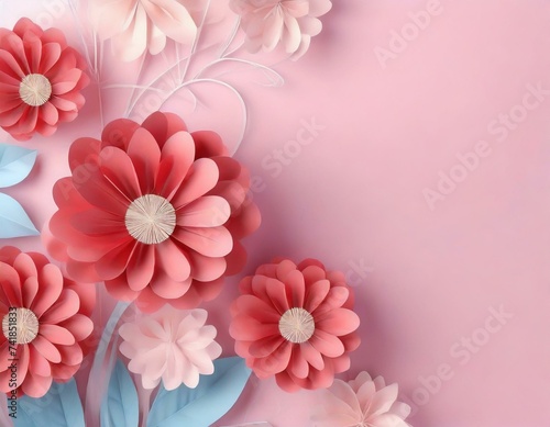 Background of pink paper flowers with empty space for text or greeting card design. Postcard for International Women s Day and Mother s Day.