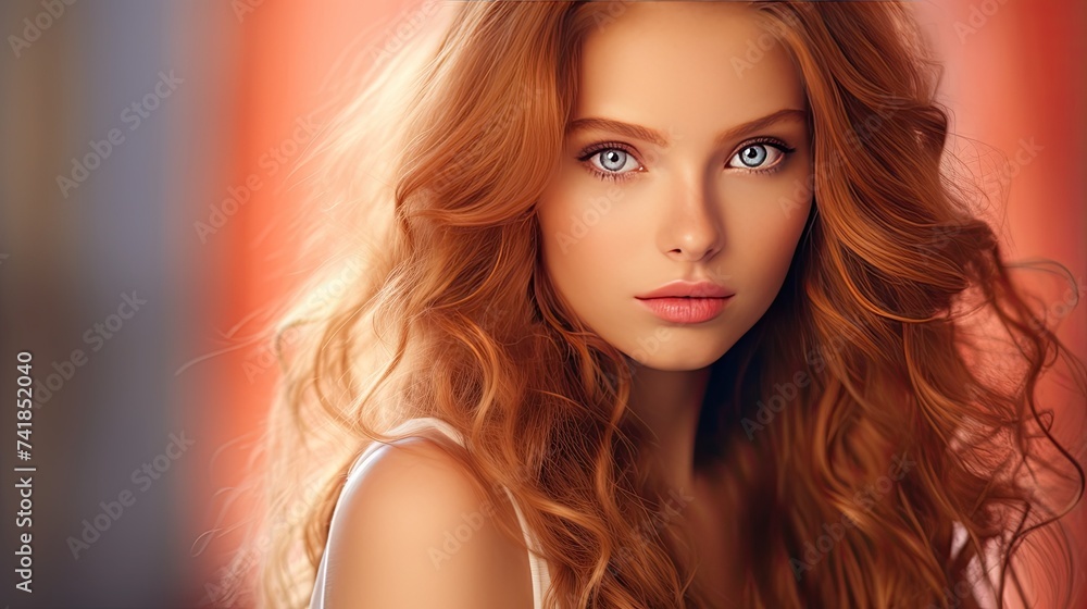 Beautiful female face with powerful silky hair and chic hairstyle done in a beauty salon. Perfect image of a beautiful red-haired woman with developing hair. Illustration for beauty magazine. Beautiful female face with powerful silky hair and chic hairstyle done in a beauty salon. Perfect image of a beautiful red-haired woman with developing hair. Illustration for beauty magazine.