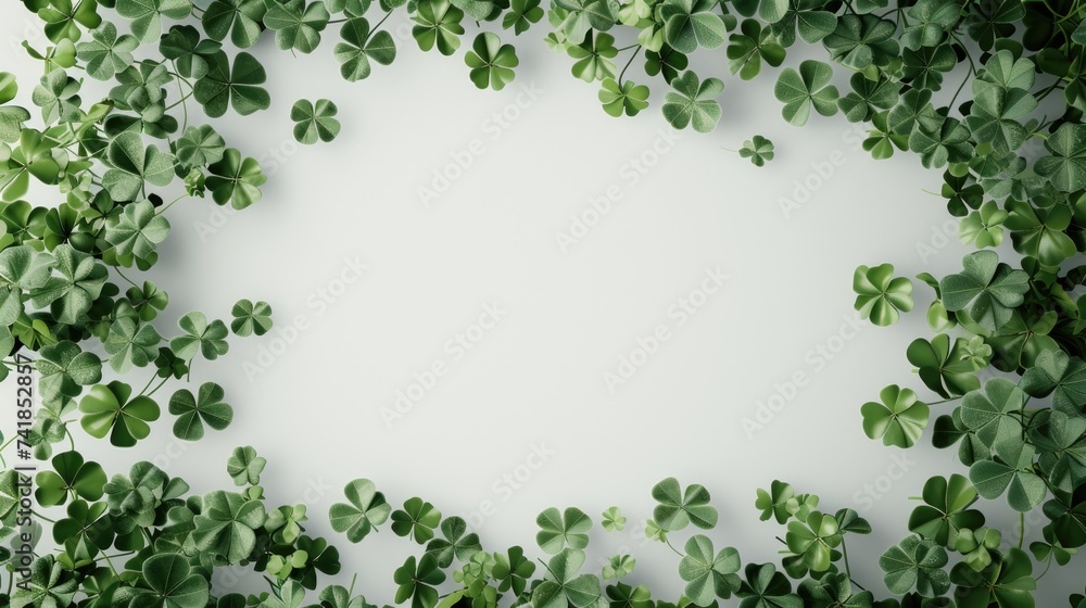 The image features a collection of green clover leaves of varying sizes creating a natural frame against a bright white background, with a clear space in the center suitable for text or additional gra The image features a collection of green clover leaves of varying sizes creating a natural frame against a bright white background, with a clear space in the center suitable for text or additional gra