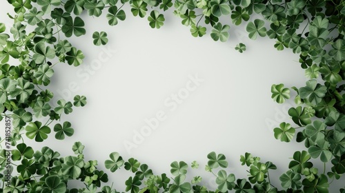 The image features a collection of green clover leaves of varying sizes creating a natural frame against a bright white background, with a clear space in the center suitable for text or additional gra