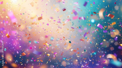 The image captures a vibrant celebration atmosphere, with a myriad of multi-colored confetti pieces floating and tumbling through the air, illuminated against a soft, defocused background that gradien © StasySin