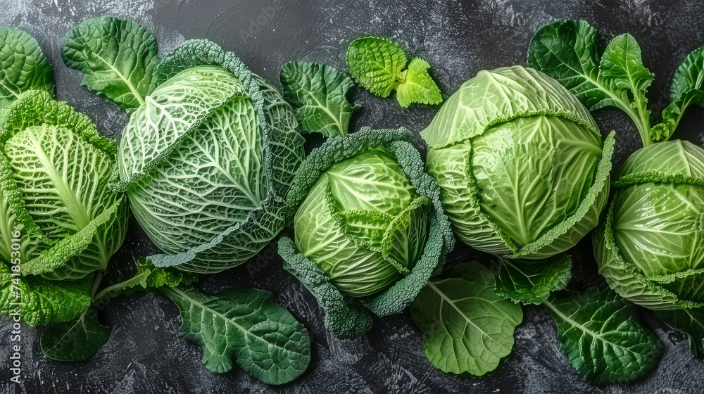 Fototapeta premium Group of Green Cabbages With Leaves