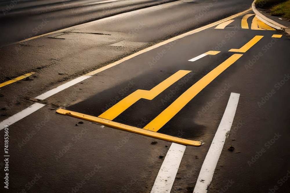 Fototapeta premium Urban asphalt road with yellow and white traffic markings, close up view of street lane lines and road surface texture, city infrastructure and transportation background for civil design.