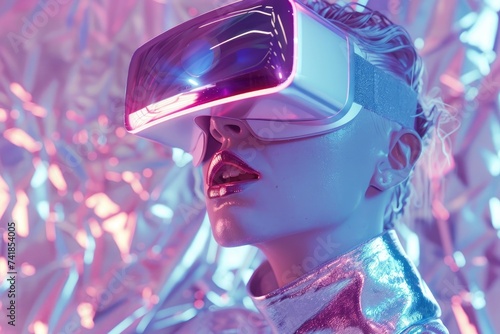 Immerse yourself in a digital world with a woman wearing virtual reality goggles, transforming her human face into a futuristic fashion accessory, as she steps outside and embraces the limitless poss photo