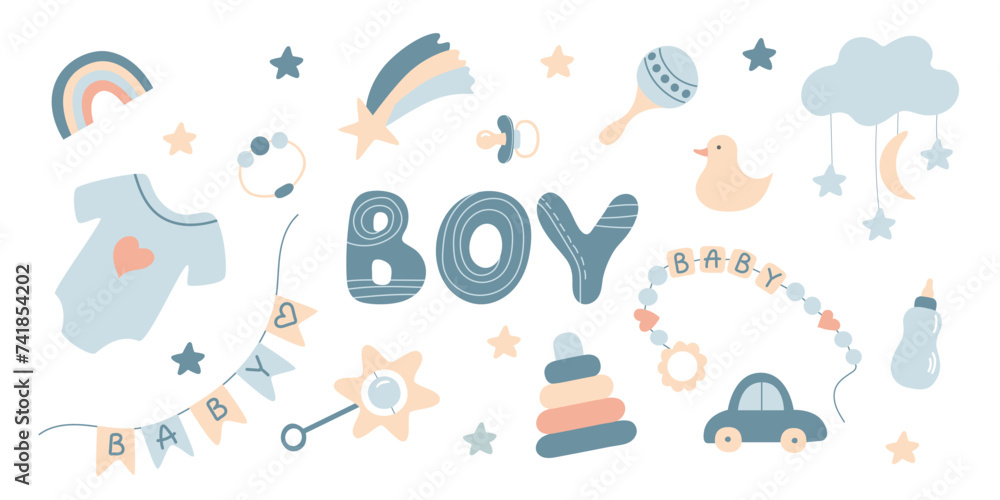 Baby Boy Accessory Collection. Newborn cute cartoon elements isolated on white. Flat vector kids Nursery toys. Boys set in pastel colors for design. Items for child playing Baby Boy Accessory Collection. Newborn cute cartoon elements isolated on white. Flat vector kids Nursery toys. Boys set in pastel colors for design. Items for child playing