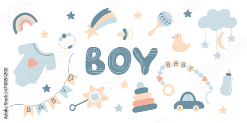 Baby Boy Accessory Collection. Newborn cute cartoon elements isolated on white. Flat vector kids Nursery toys. Boys set in pastel colors for design. Items for child playing