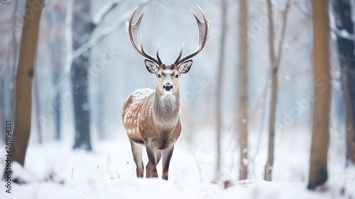 Deer in winter forest. Wild animal in winter forest. Wildlife scene. © Voilla