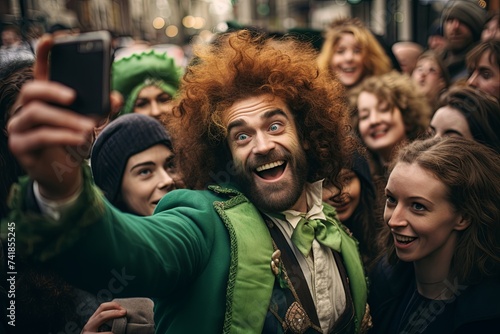 A man in a leprechaun costume is taking a selfie in front of a crowd of people