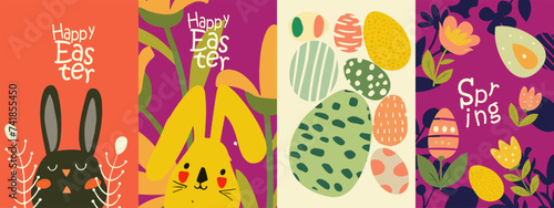 Vector illustrations with a minimalist approach, featuring cute rabbits, patterned Easter eggs, and spring flowers with 'Happy Easter' and 'Spring' messages.