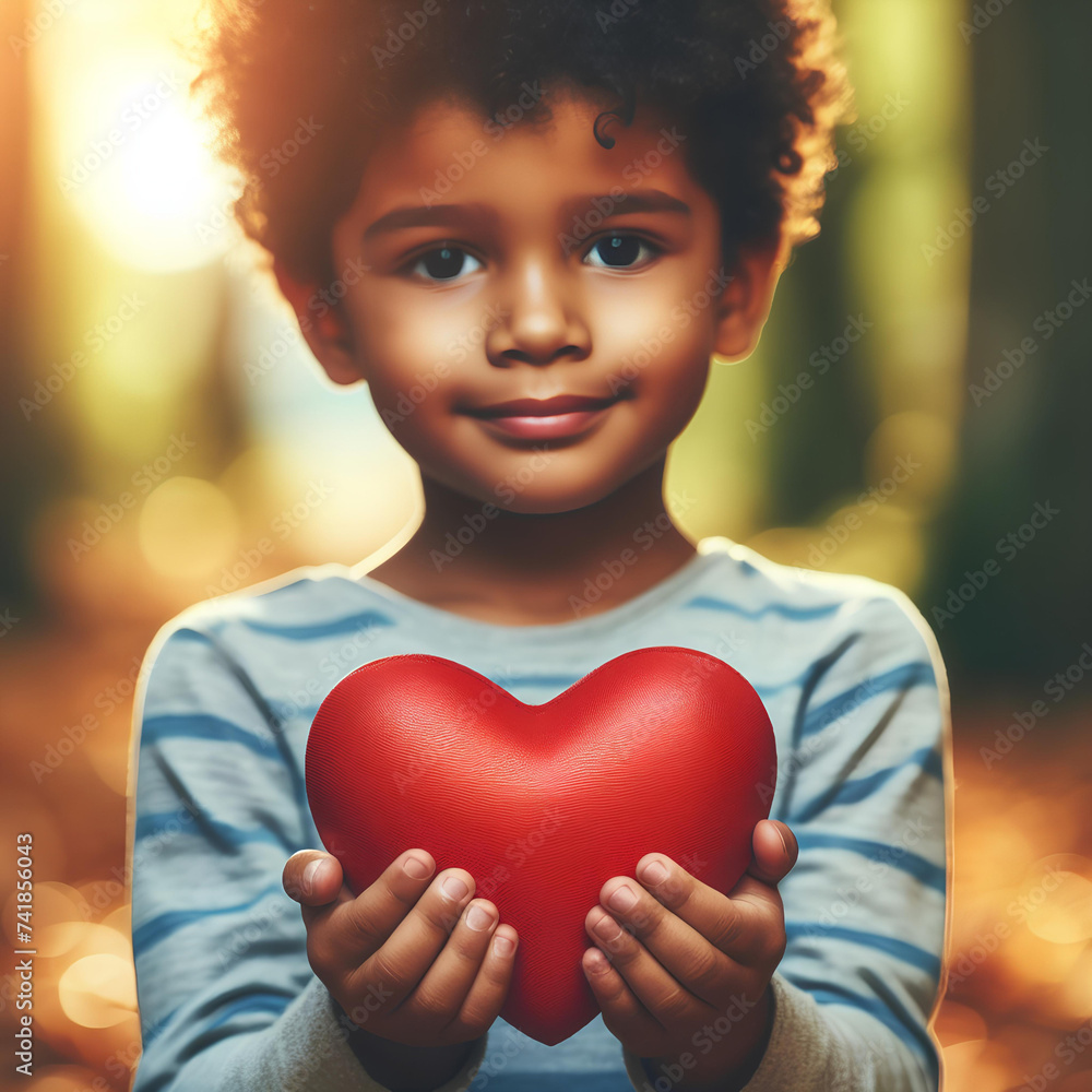 Child holding red heart in hands on blrurred nature background Child holding red heart in hands on blrurred nature background