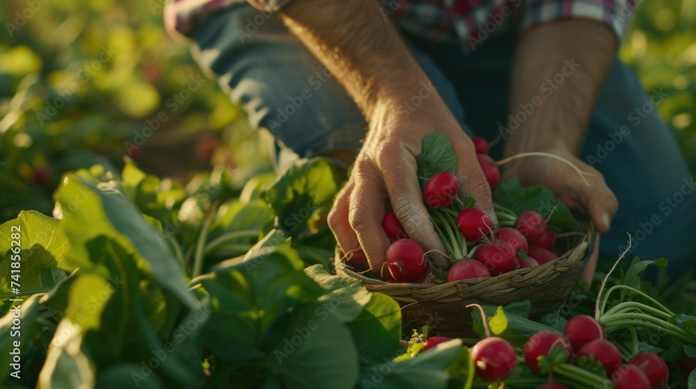 In the warm glow of sunlight, a person clad in a plaid shirt crouches in a lush field, their hands carefully gathering ripe red radishes into a traditional woven basket surrounded by vibrant green lea - obrazy, fototapety, plakaty 