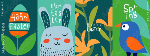 Delightful naive art vector illustrations for Easter, featuring a stylized egg, a content rabbit, and a charming bird, all with a 'Happy Easter' and 'Spring' message. photo