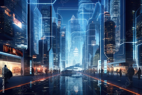 3D holographic projection of a bustling future metropolis.