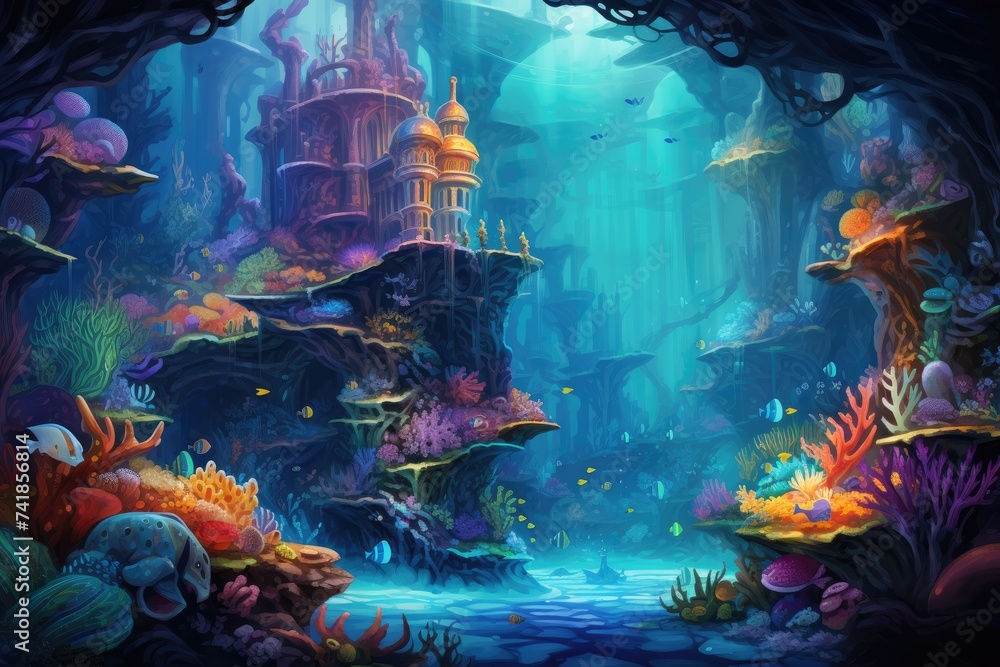 beautiful underwater kingdom with vibrant coral and smiling sea creatures.