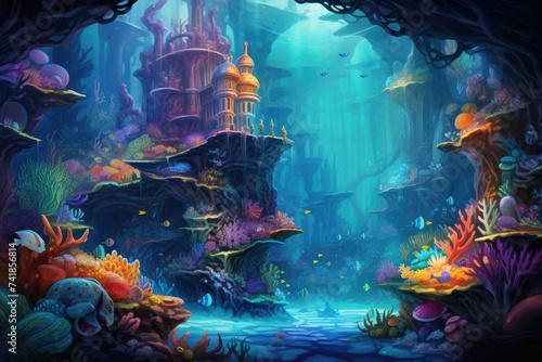 beautiful underwater kingdom with vibrant coral and smiling sea creatures. © SaroStock