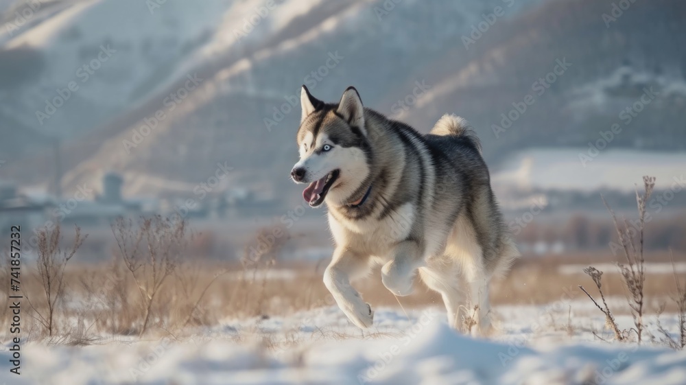 Exuberant Siberian Husky Playing and jumping in a Snowy Landscape