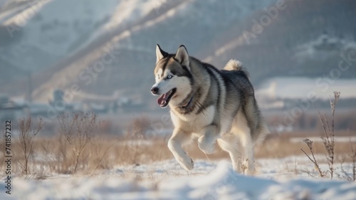 Exuberant Siberian Husky Playing and jumping in a Snowy Landscape