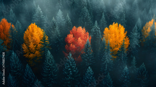 autumn leaves in the water 3d, Foggy morning in the coniferous forest 