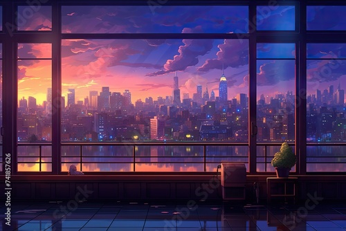colorful cityscape at dusk with glowing window lights.