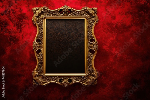 Vintage golden frame on the red velvet wall photo