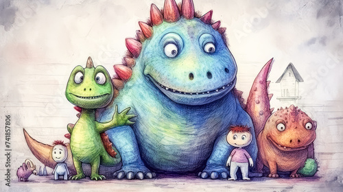 childrens pencil drawing depicts playful dinosaurs and kids having a blast together