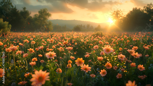sunset in the field 3d image, Flowers background image flower field brightness freshness scenery landscape nature 