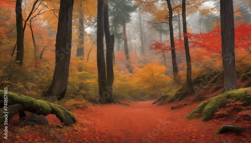 autumn  forest  path  foliage  leaves  fallen  trees  ground  red  rustic  mystery  orange  yellow  green  winding  texture  light  shadow  Serene Journey Autumn s Hued Forest