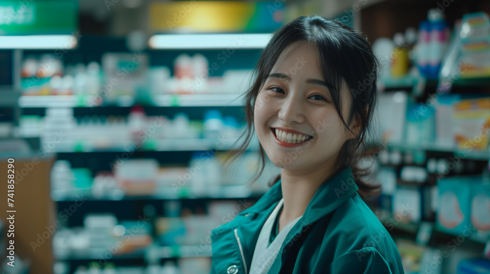 Smiling female asian pharmacist in drugstore store Smiling female asian pharmacist in drugstore store