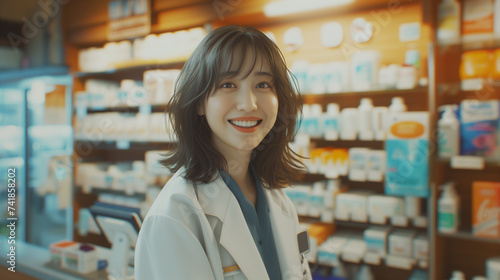 Smiling female asian pharmacist in drugstore store