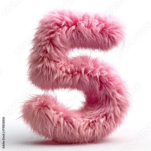 Number of pink fur. Furry number 5, five isolated on white background.