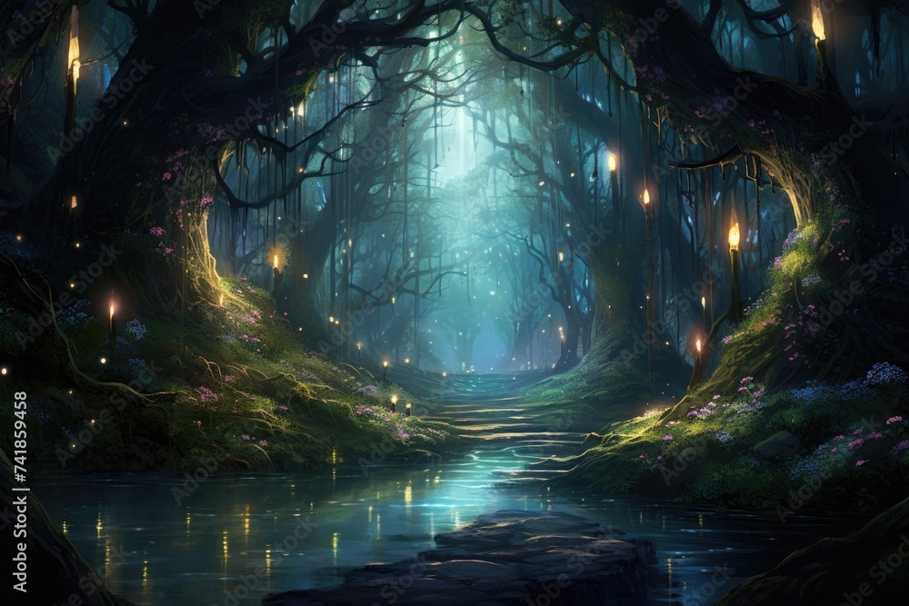 magical forest with crystal caves and luminous fireflies.