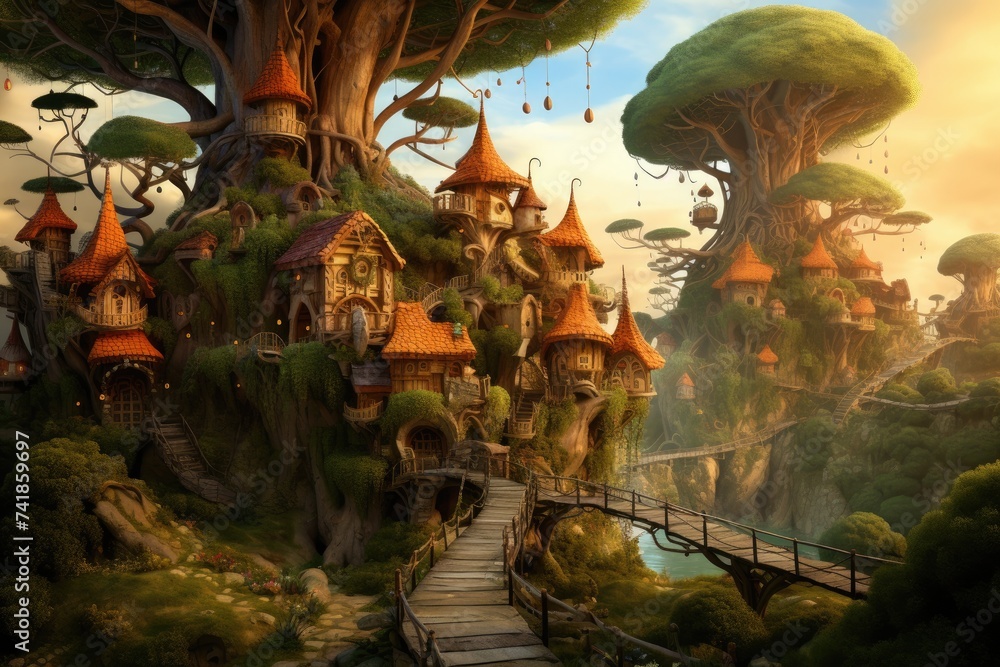 magical treetop village with mushroom houses and vine ladders.