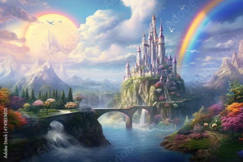 magical kingdom with castles, rainbows, and glittering unicorns.