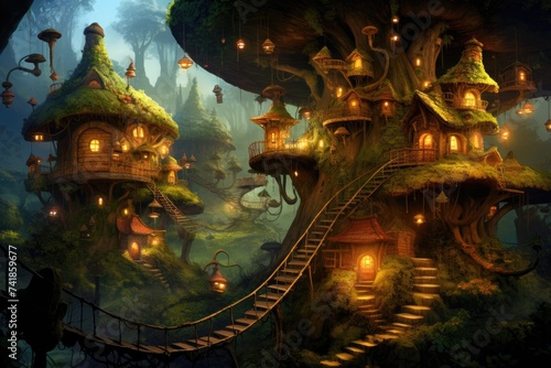 magical treetop village with mushroom houses and vine ladders.