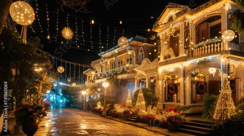 panoramic view of ornately decorated homes and streets for the festive season