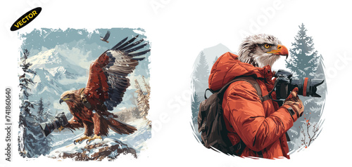 Eagle as a high-altitude photographer, photography vector illustration, scenic landscapes, adventure, playful mascot cartoon collection on isolated background